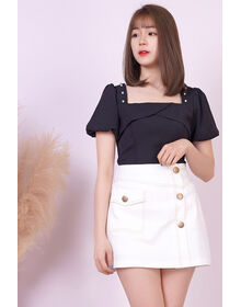 Dual Side Pearl Details Square Neck Puff Sleeve Frill Top (Black)